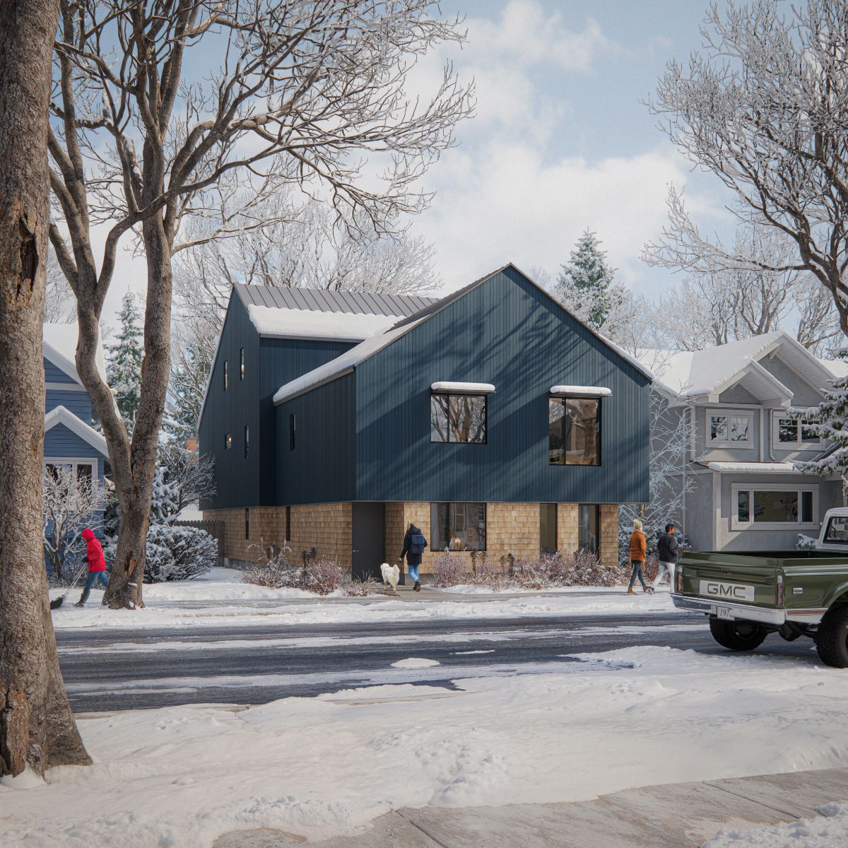 A  3D rendering of a  of a sixplex home in the winter. The exterior consists of deep blue metal siding, wood, and brick finishes.  A pathway leads to the entrance, with individuals walking along the sidewalk 
